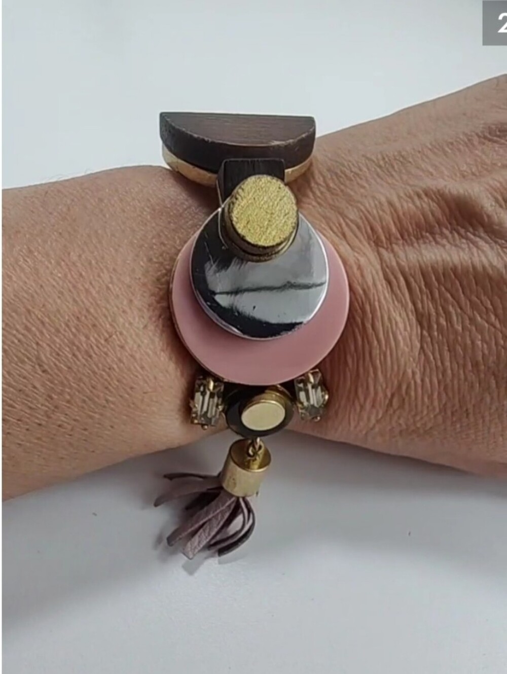 Vintage J Crew Geometric Mixed Media Wood Tassel Statement Cuff Bracelet